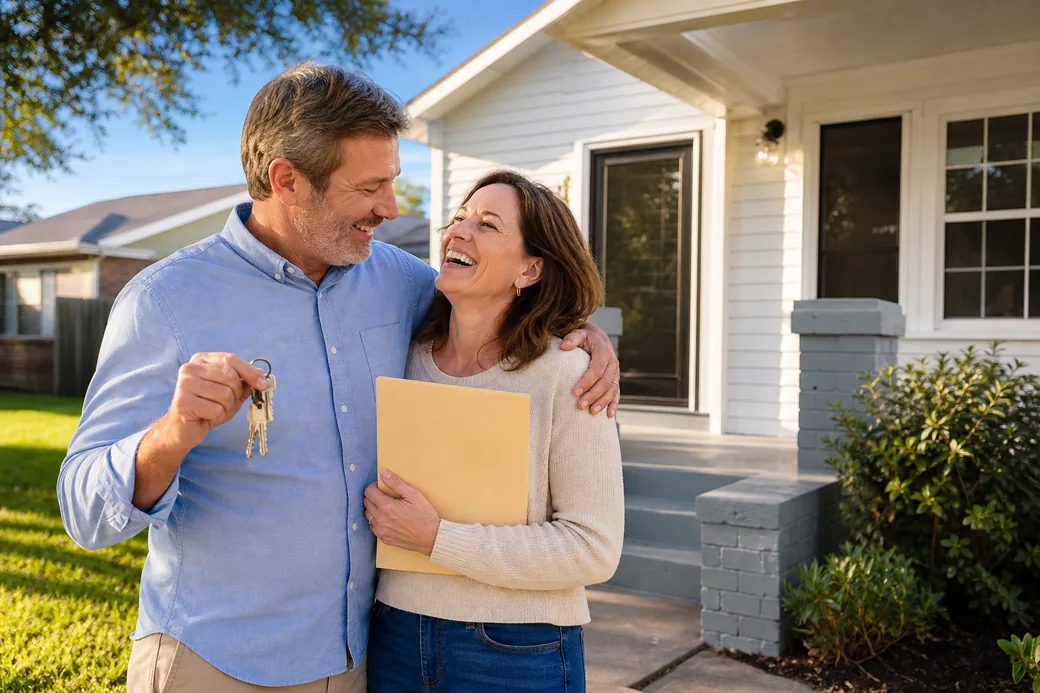 Happy homeowners with keys after selling their house for cash