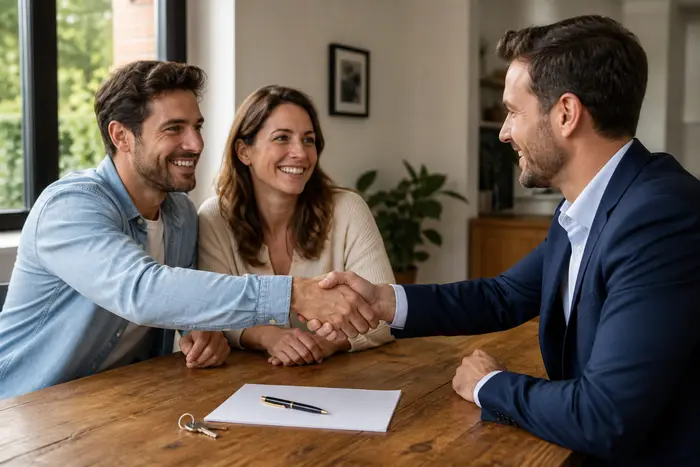 Houston homeowners shaking hands with a buyer at closing