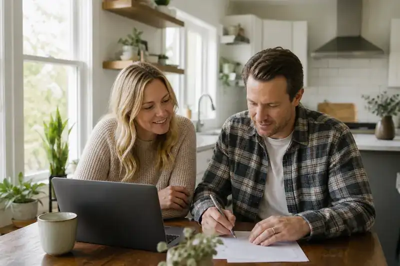 Houston homeowners filling out a short form at the kitchen table