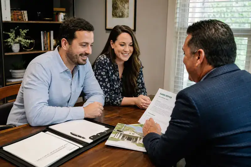 Houston homeowners reviewing a cash offer with a local buyer
